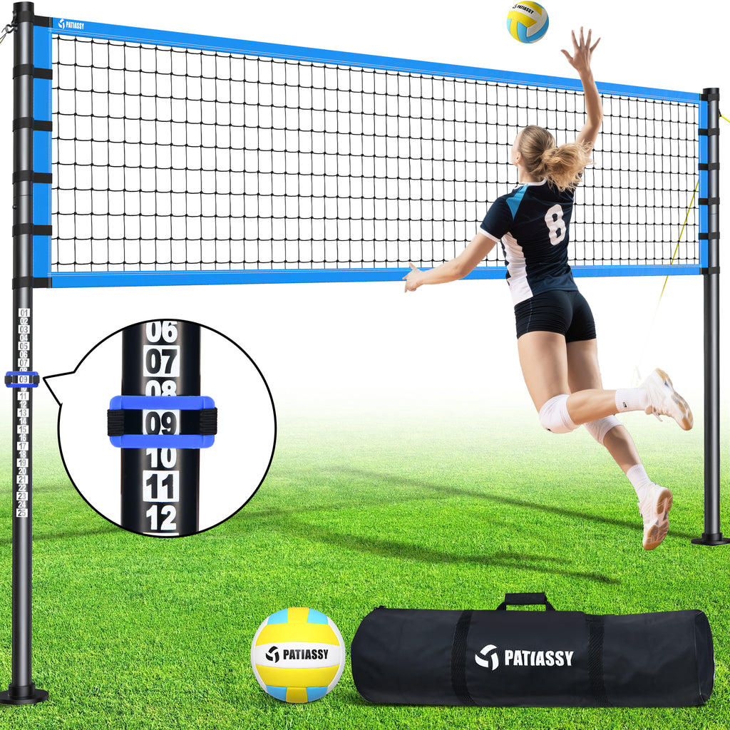 32FT Outdoor Portable Volleyball Net Set System for Backyard - Quick & Easy Setup Adjustable Height Steel Poles, PU Volleyball, Pump and Carrying Bag