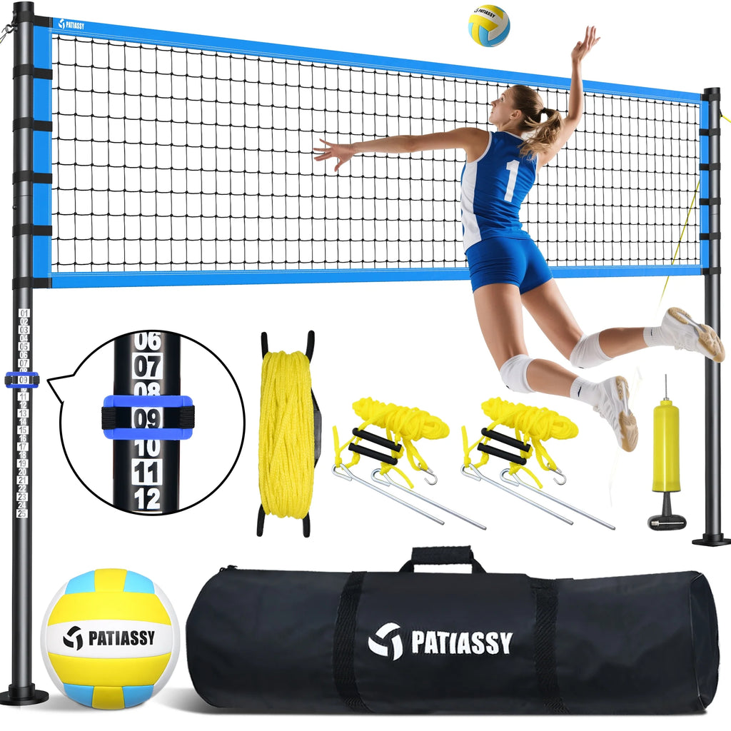 32FT Outdoor Portable Volleyball Net Set System for Backyard - Quick & Easy Setup Adjustable Height Steel Poles, PU Volleyball, Pump and Carrying Bag